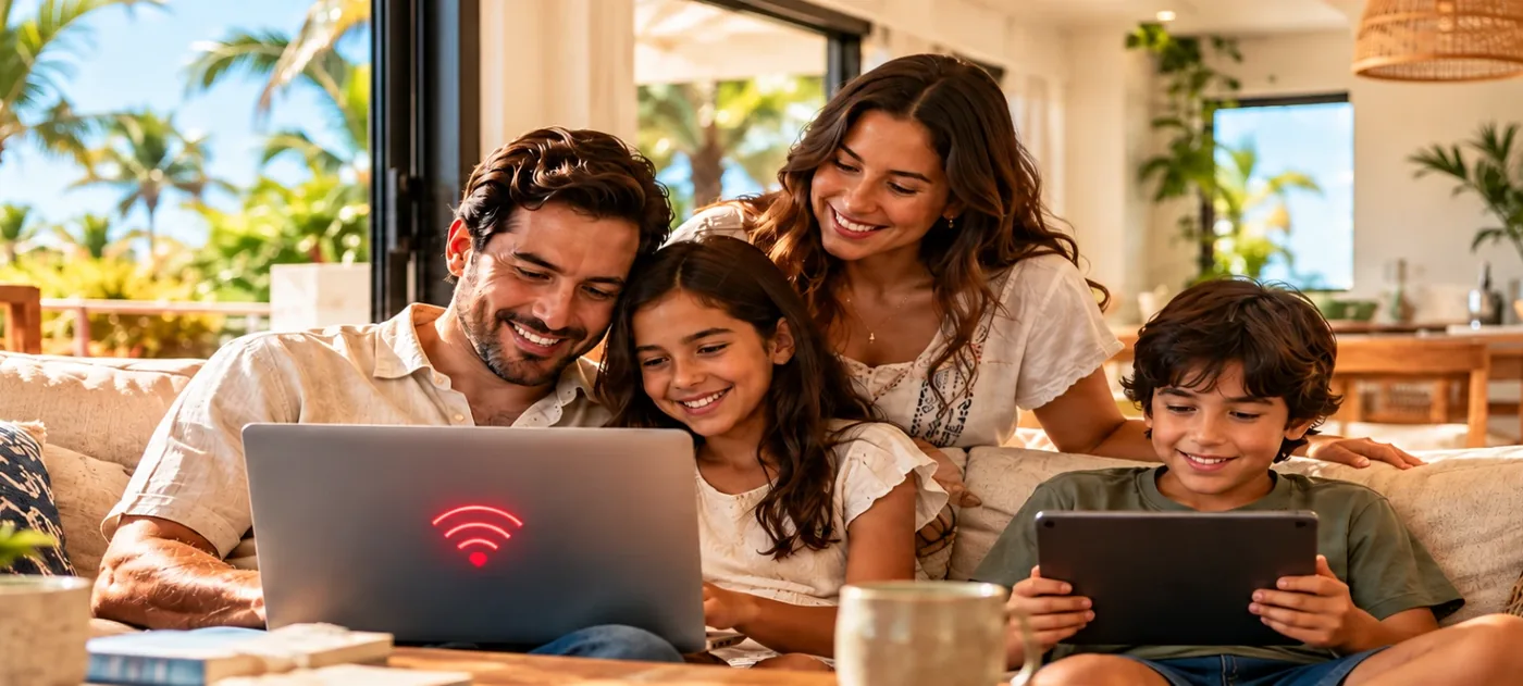 Familia en la sala de su casa, con palmeras afuera, conectada con una laptop y una tableta