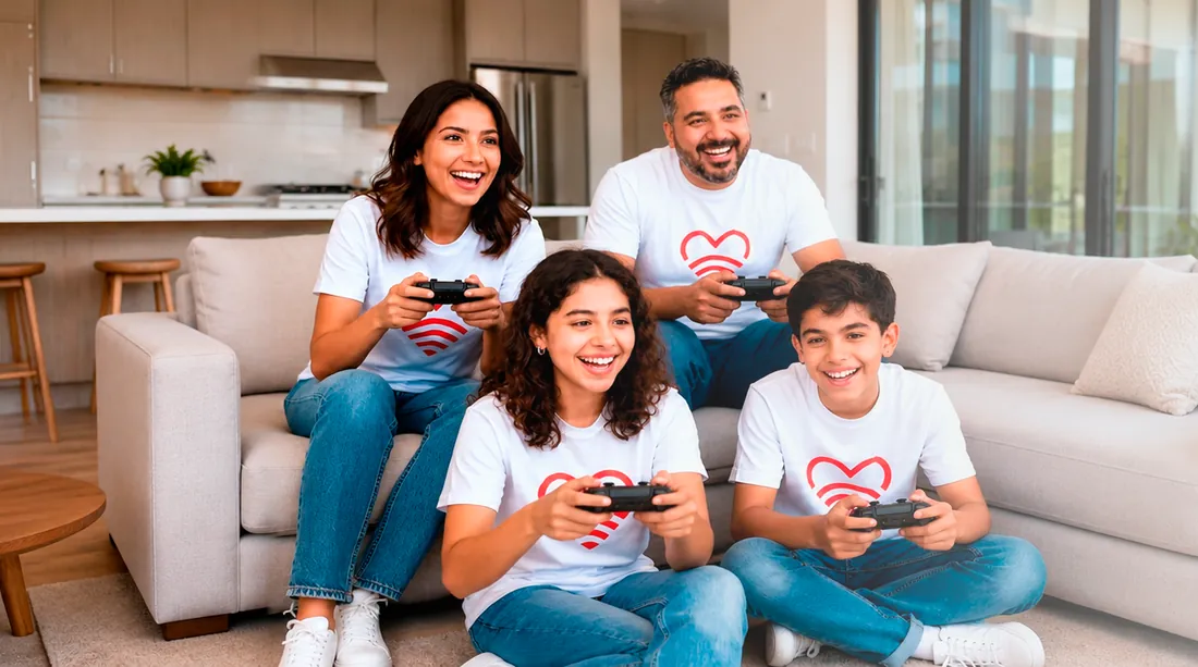 Familia jugando videojuegos en la sala, con playeras del corazón de ABIX